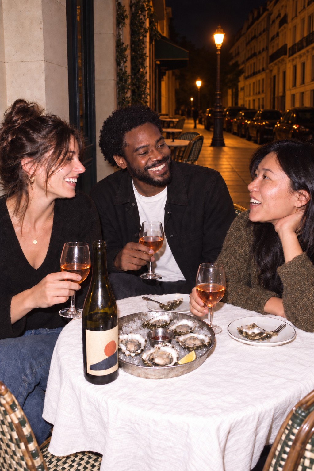 Three friends sharing oysters and one bottle of orange wine at a Paris pavement table at night, caught in direct camera flash with two warm orange street lamps lighting the background, with one lemon wedge on the table.