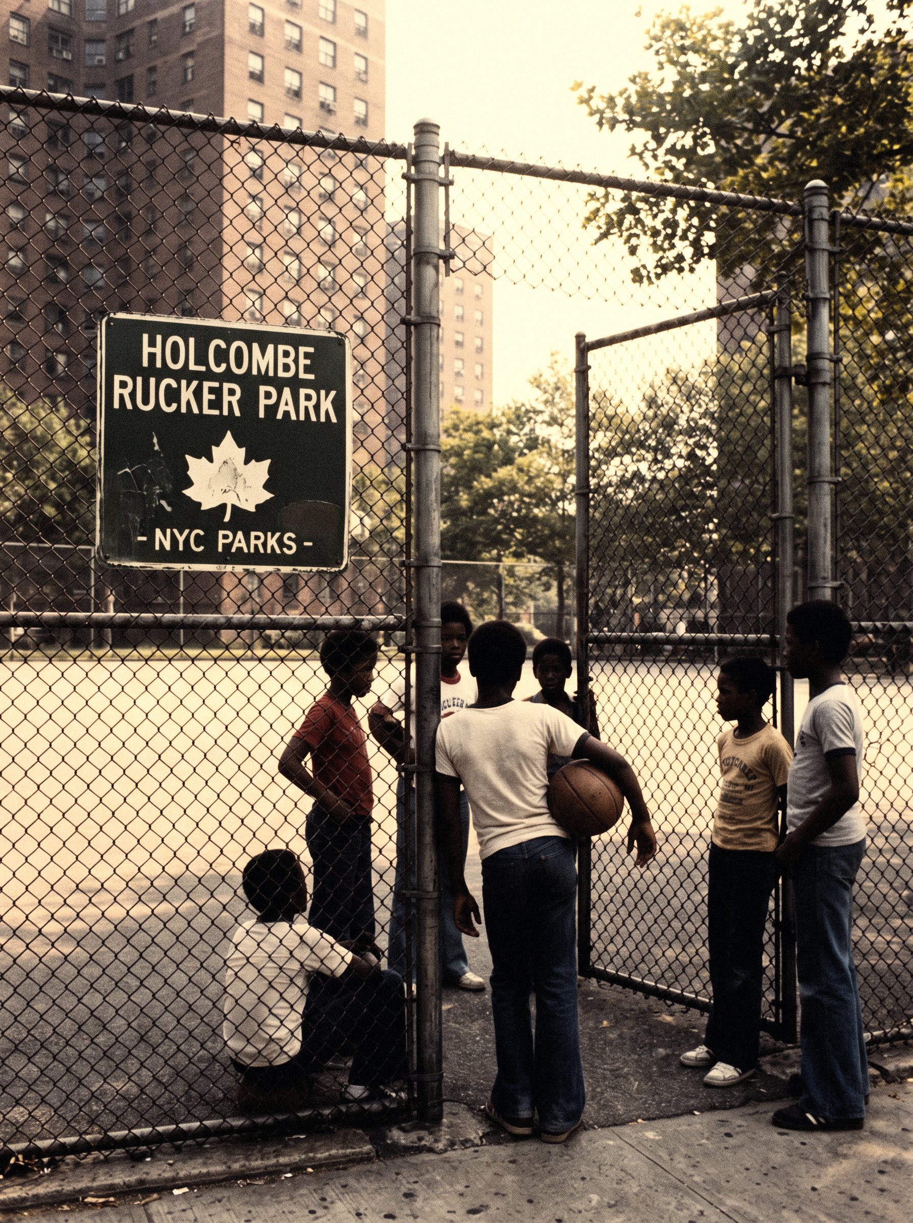 Neighbourhood kids at the gate of Holcombe Rucker Park, under the Polo Grounds Towers (generated picture)