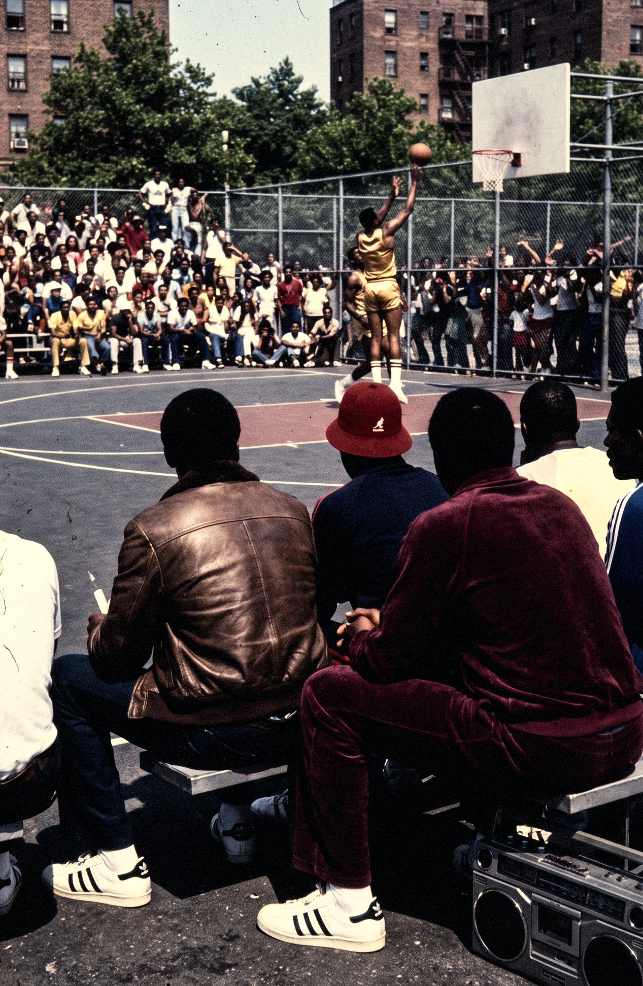 Courtside at a Harlem summer game in 1982: a red Kangol, a velour tracksuit, a boombox, a layup (generated picture)