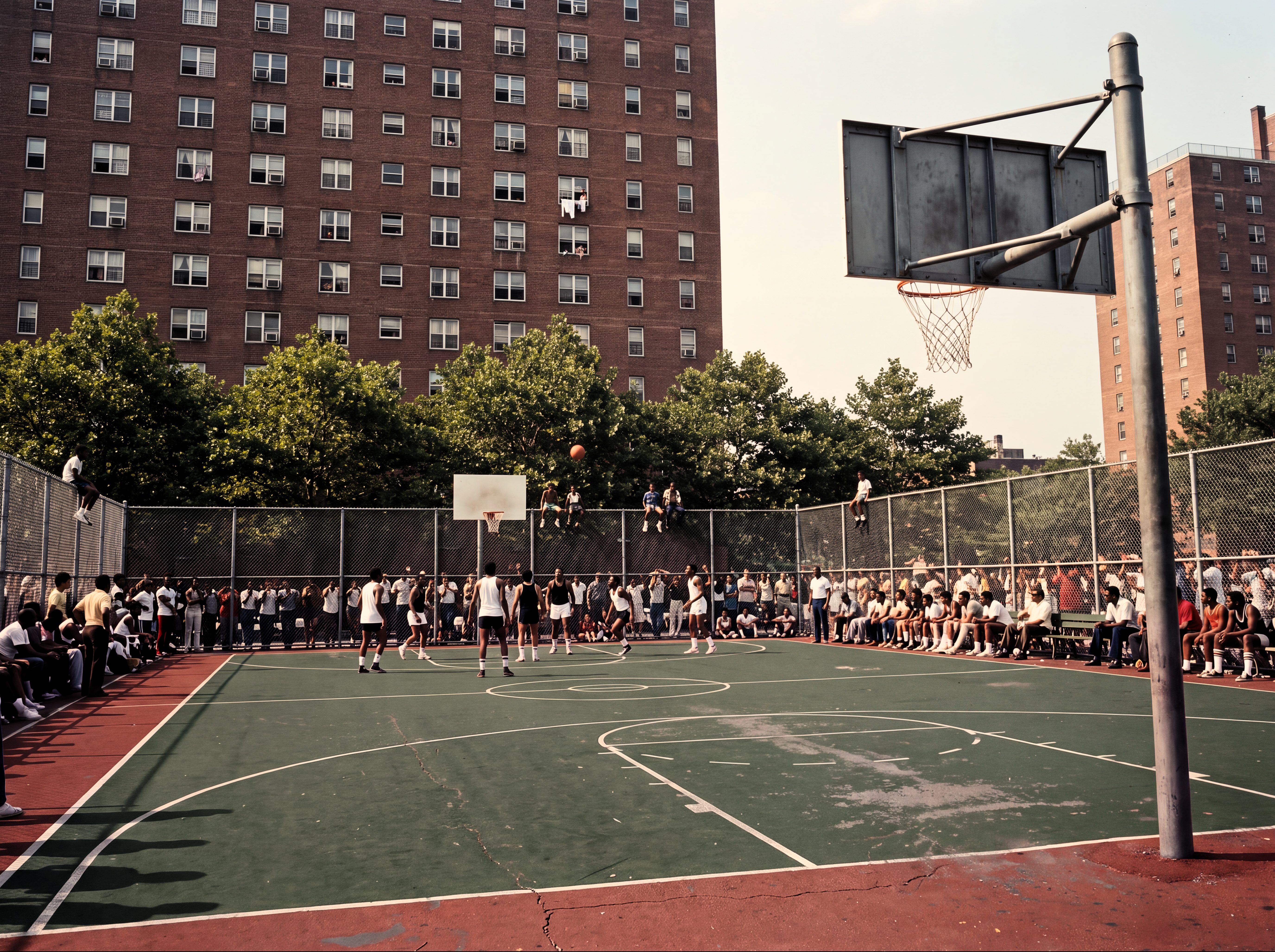 Rucker Park in the 1970s: a brick tower of the Polo Grounds Houses, the trees, the packed court and a backboard